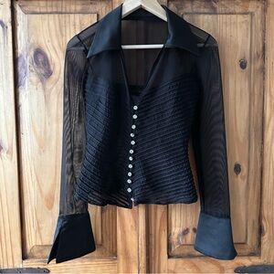 Vintage 90's Fancy Black Button Up Blouse Sparkly Acrylic Rivoli Buttons - XS